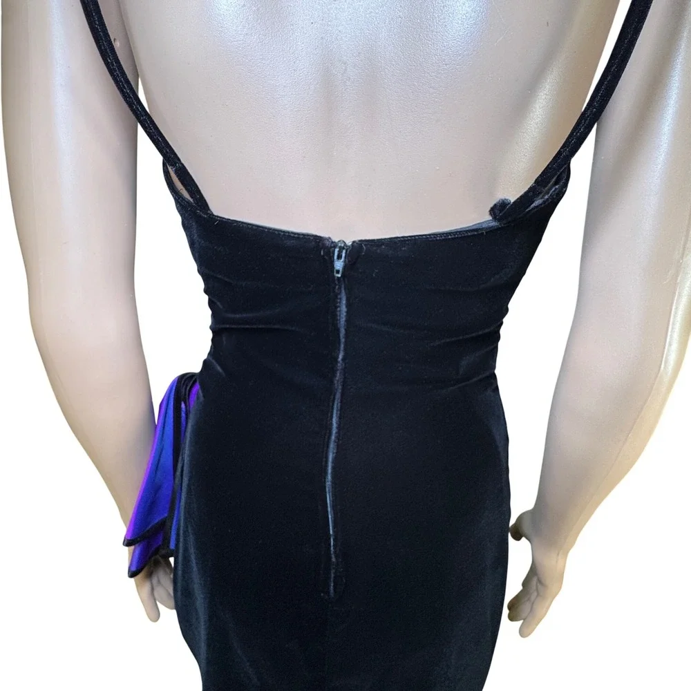 Vintage New Leaf 80s Black Velvet Purple Ruffle Beaded Floral Cocktail Dress 4 - Picture 5 of 10